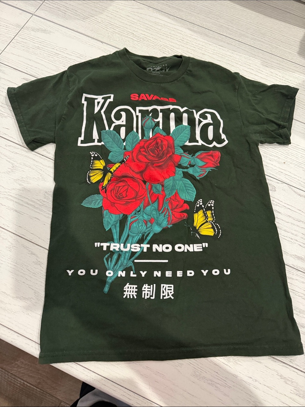 Short Sleeve Tee - Dark Green with Red Rose Graphic